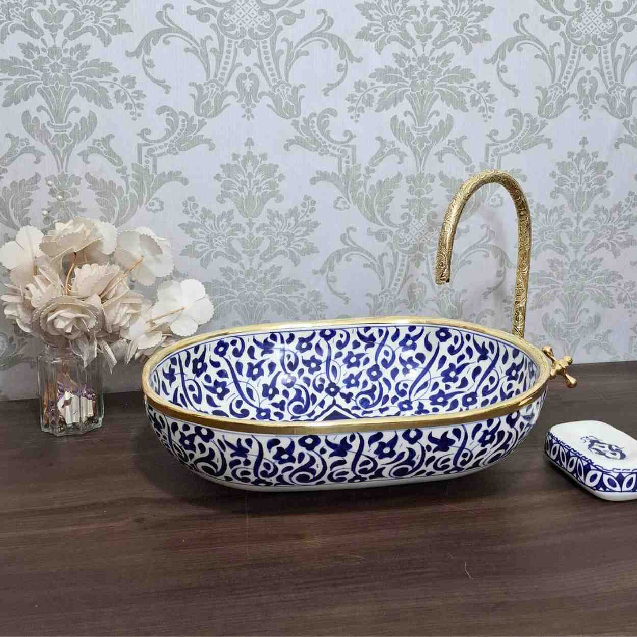 Blue Floral Moroccan Oval sink with brass rim