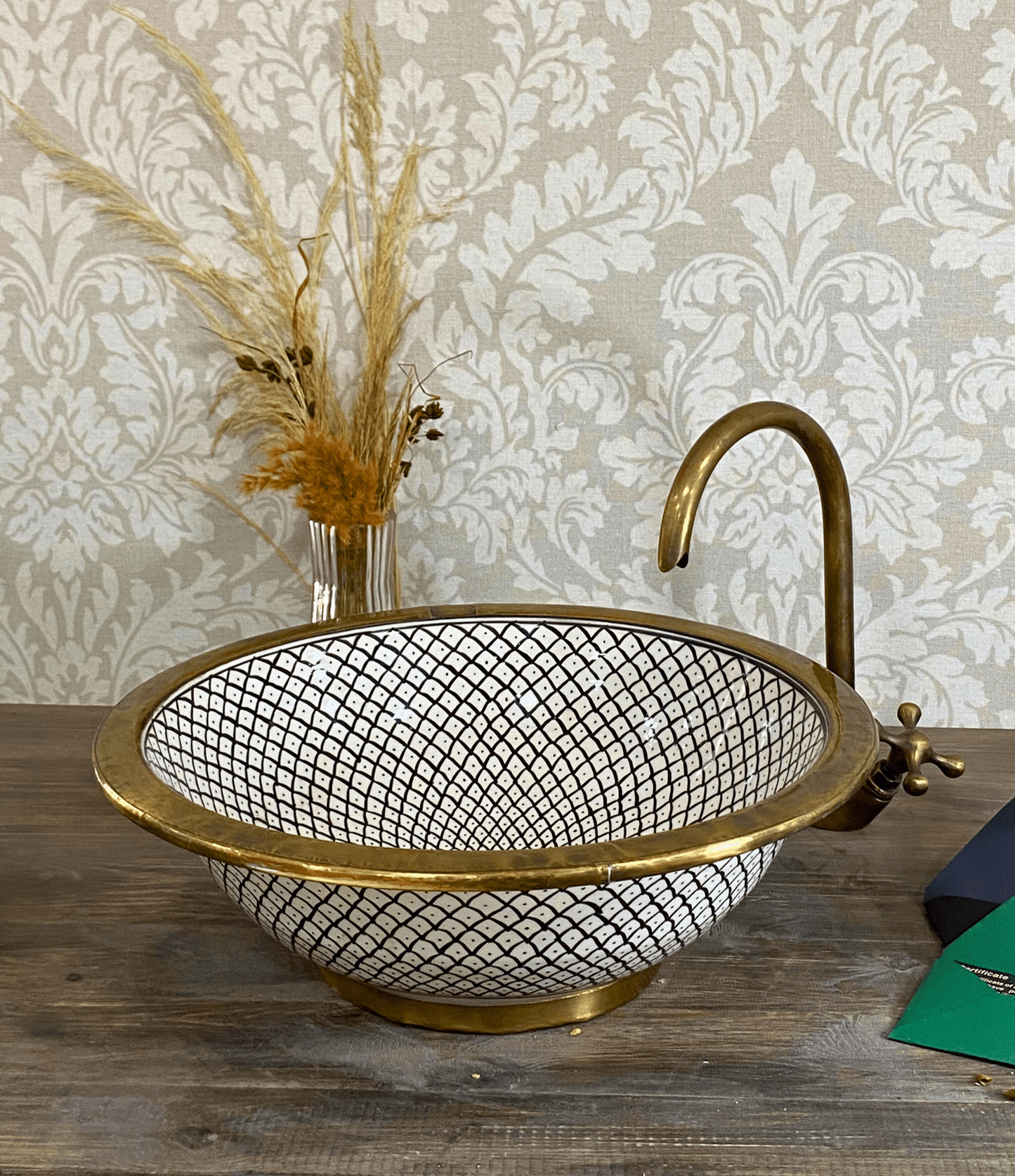 Vasque en mosaïque marocaine - Lavabo à poser avec rebord en laiton pour salle de bain