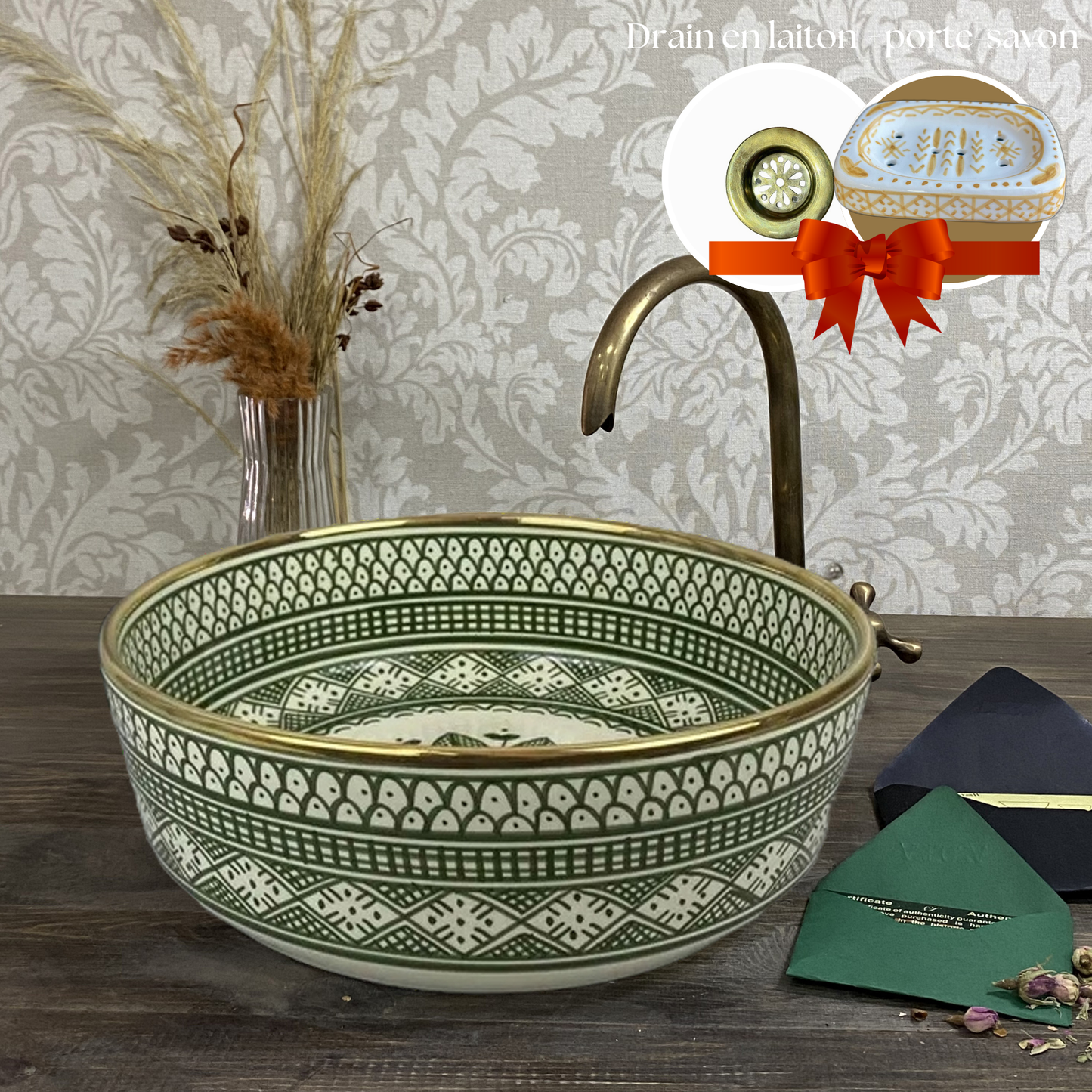Green Moroccan Sink with brass rim - painted sinks in the bathroom
