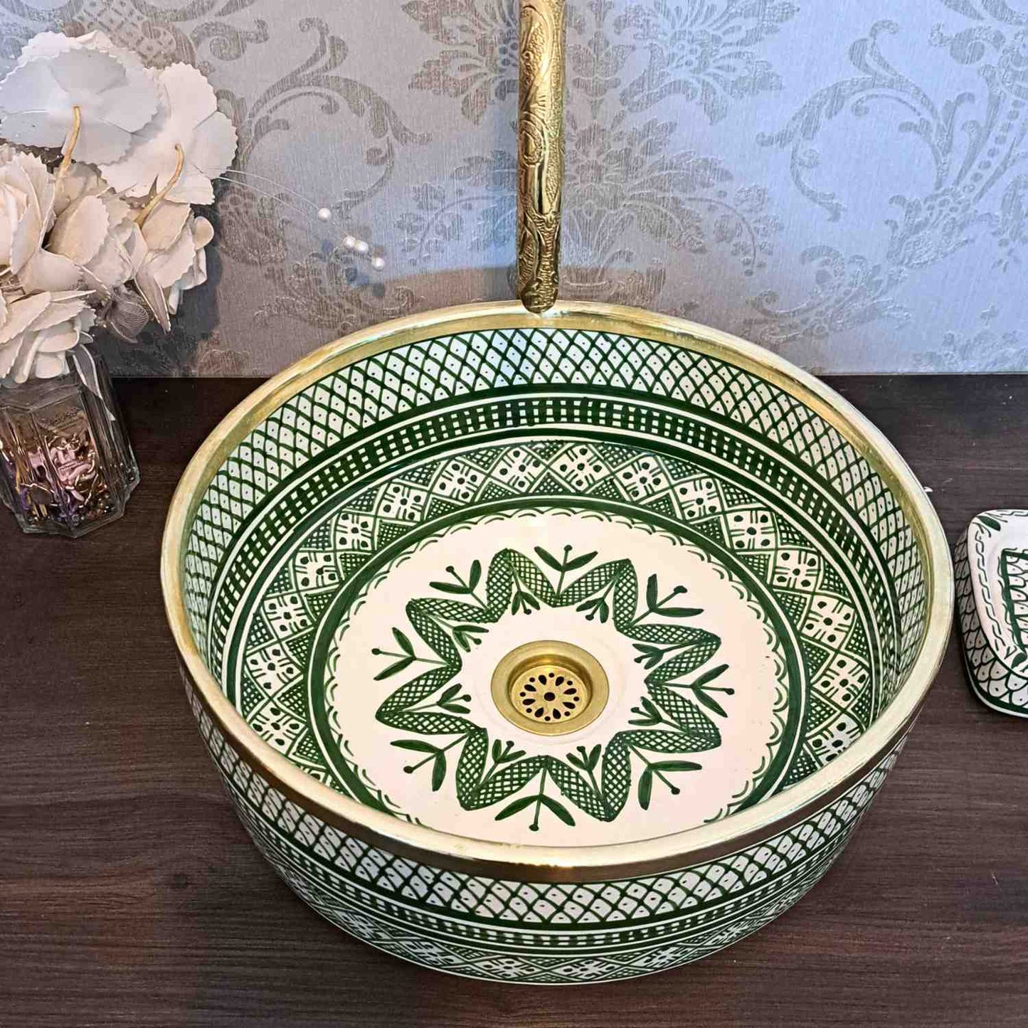 Green Moroccan Sink with brass rim - painted sinks in the bathroom