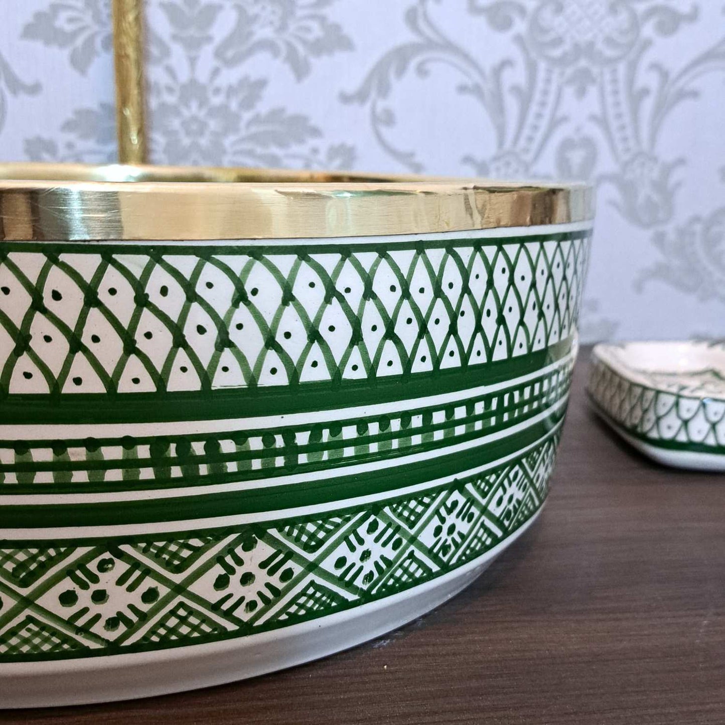 Green Moroccan Sink with brass rim - painted sinks in the bathroom