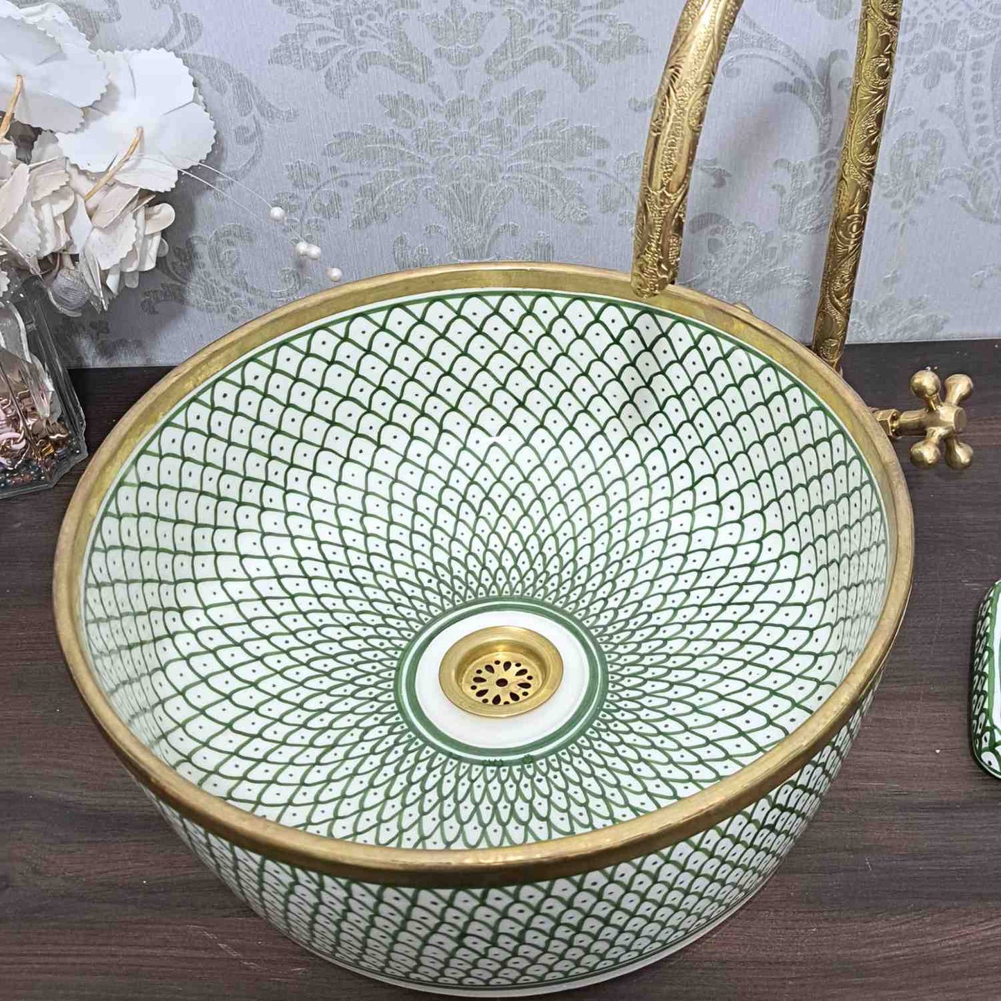 Green sink bowl - Moroccan painted ceramic sink with brass rim