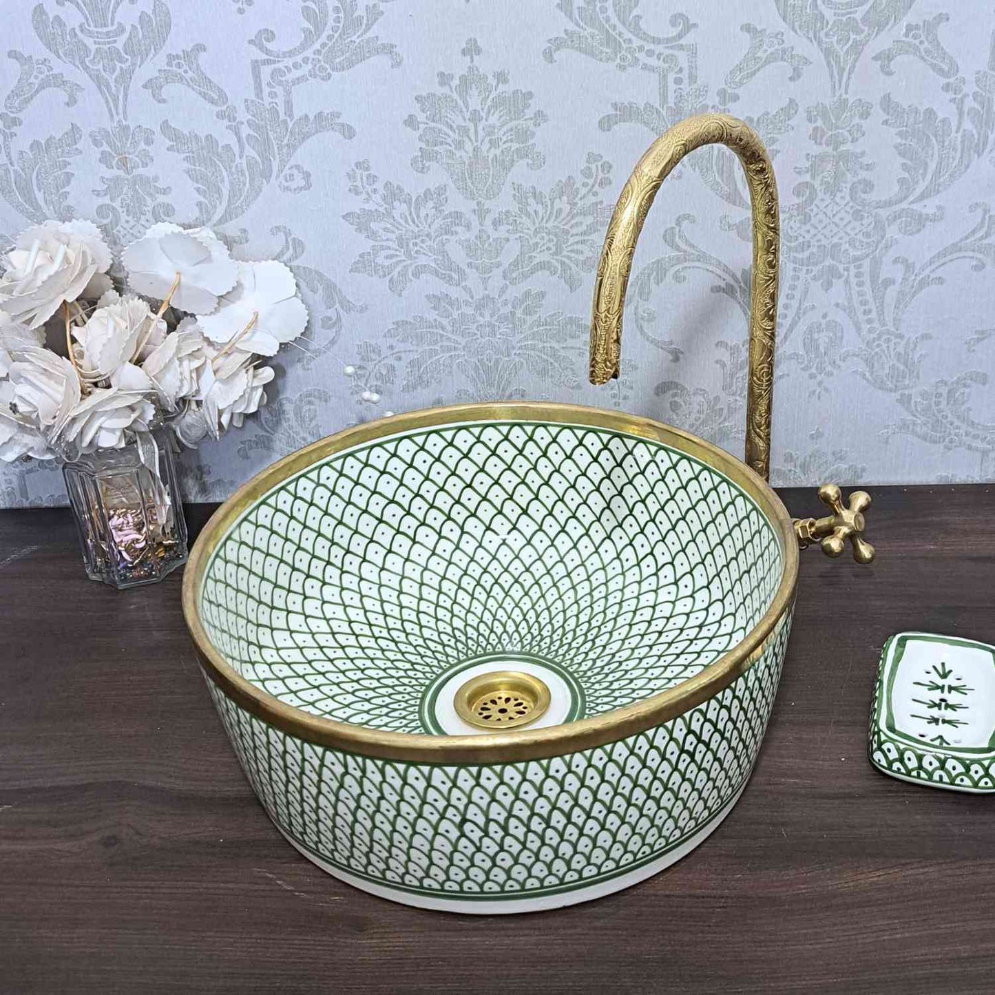 Green sink bowl - Moroccan painted ceramic sink with brass rim