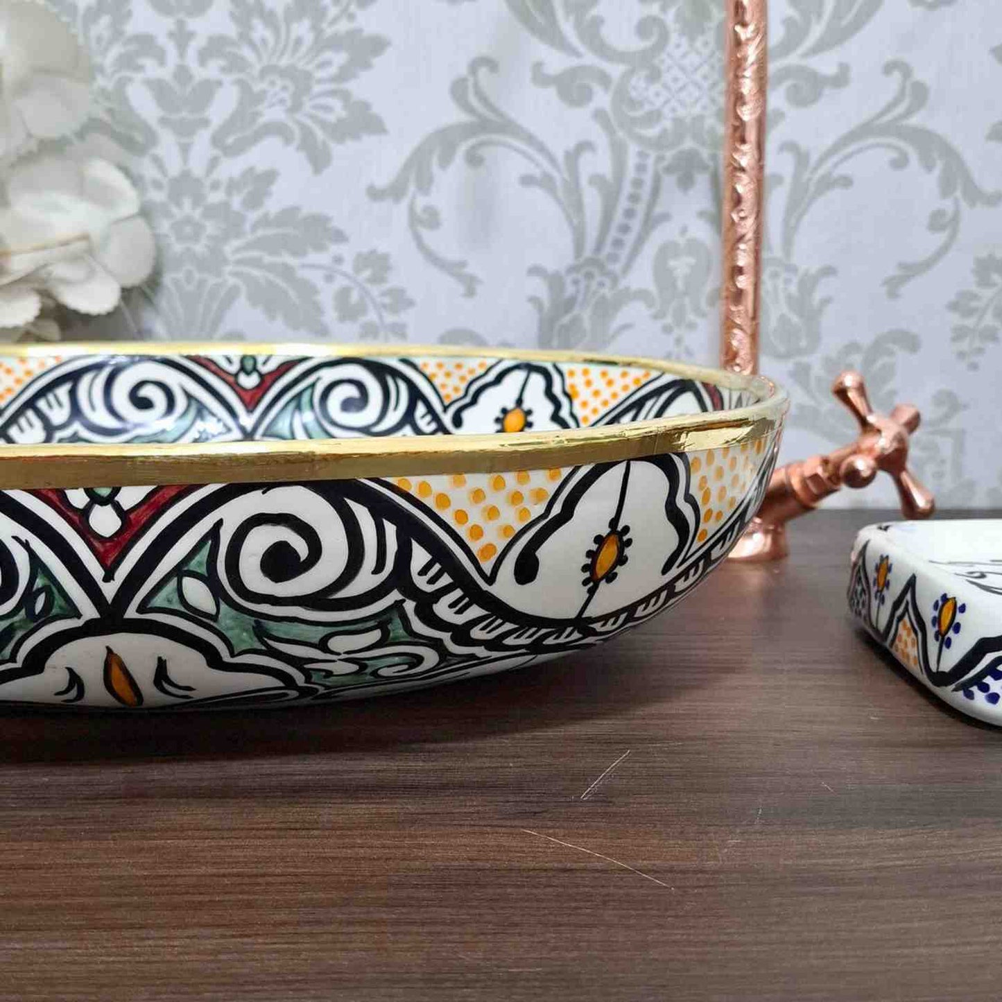 Hand-Painted Moroccan Oval sink with brass rim