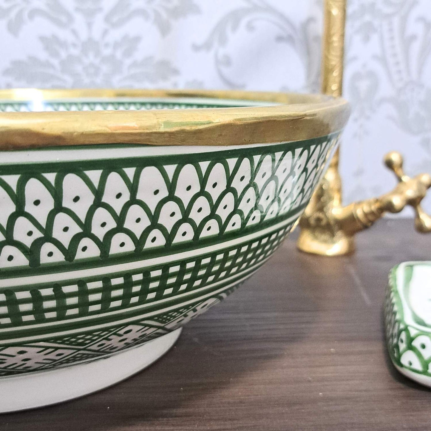 Round Green Moroccan Sink with brass rim - painted sinks in the bathroom