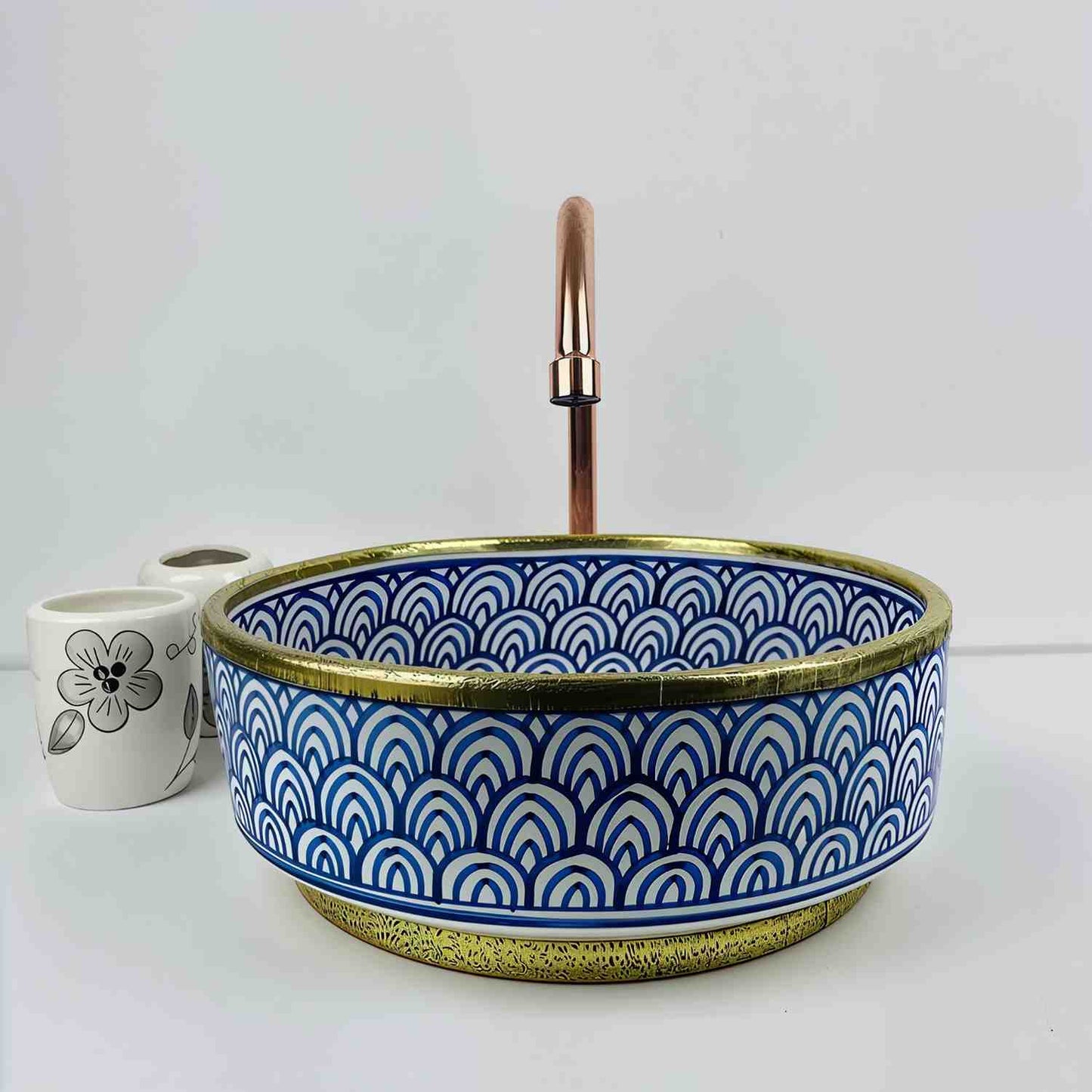Blue Hand-painted Moroccan Sink With Elegance Brass Rim