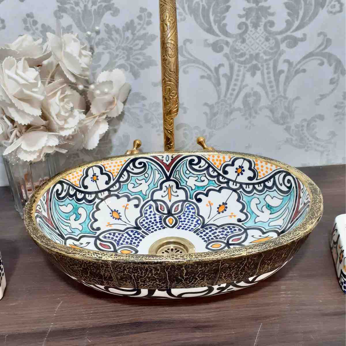 Vintage Moroccan Ceramic Vessel Sink - Oval sink bowl