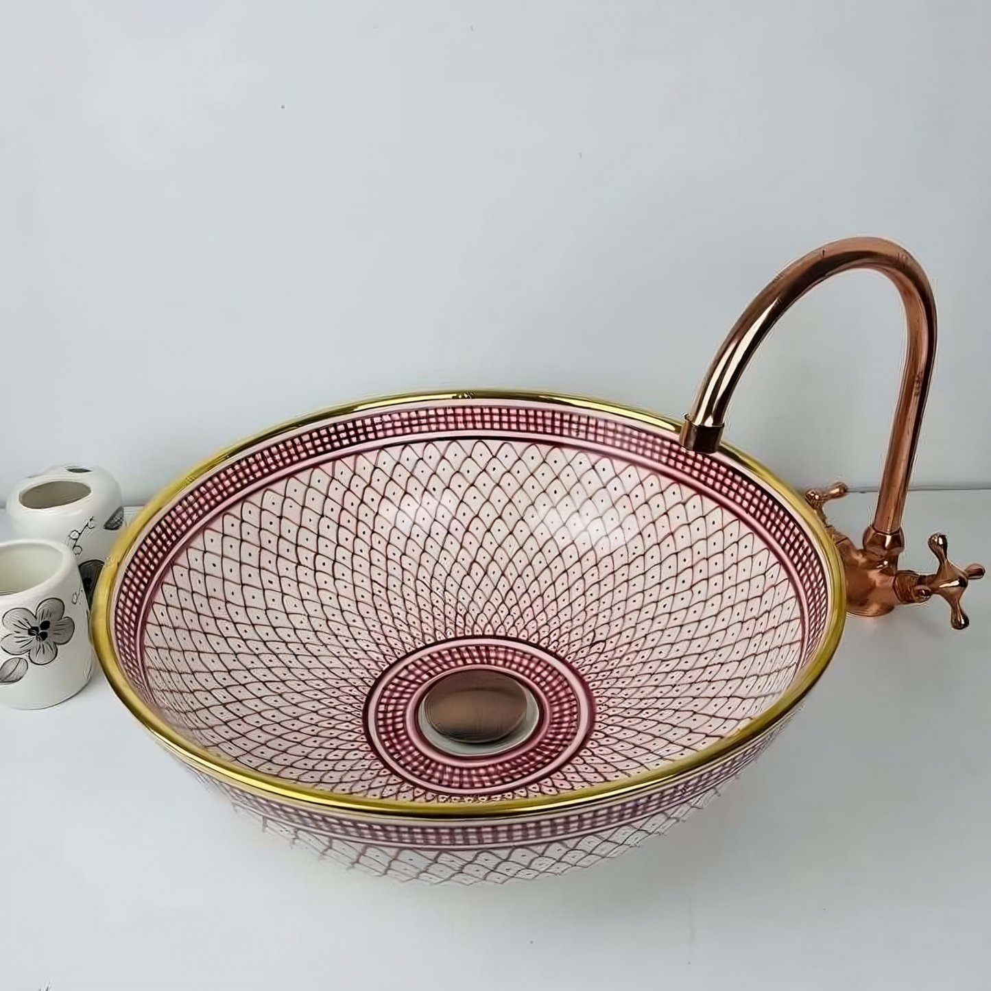 Fish-scale Moroccan pink sink with vintage brass rim - hand painted bathroom sink