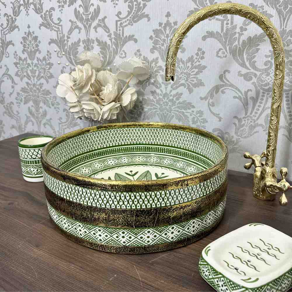 Antique Wash Basin, Moroccan Vessel Sink with Brass Rim