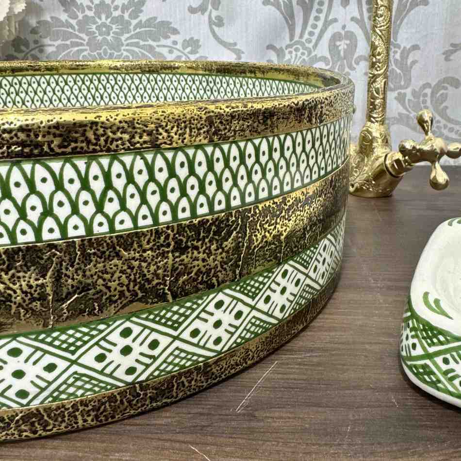 Antique Wash Basin, Moroccan Vessel Sink with Brass Rim