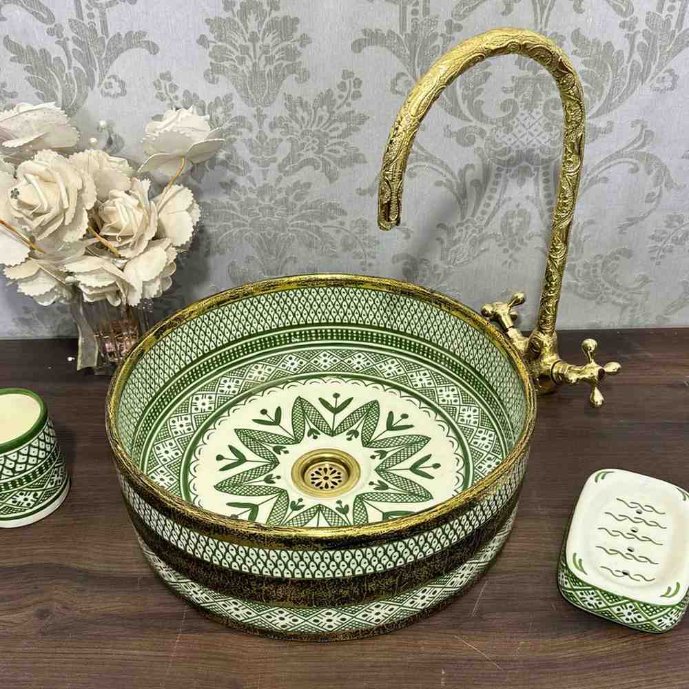 Antique Wash Basin, Moroccan Vessel Sink with Brass Rim