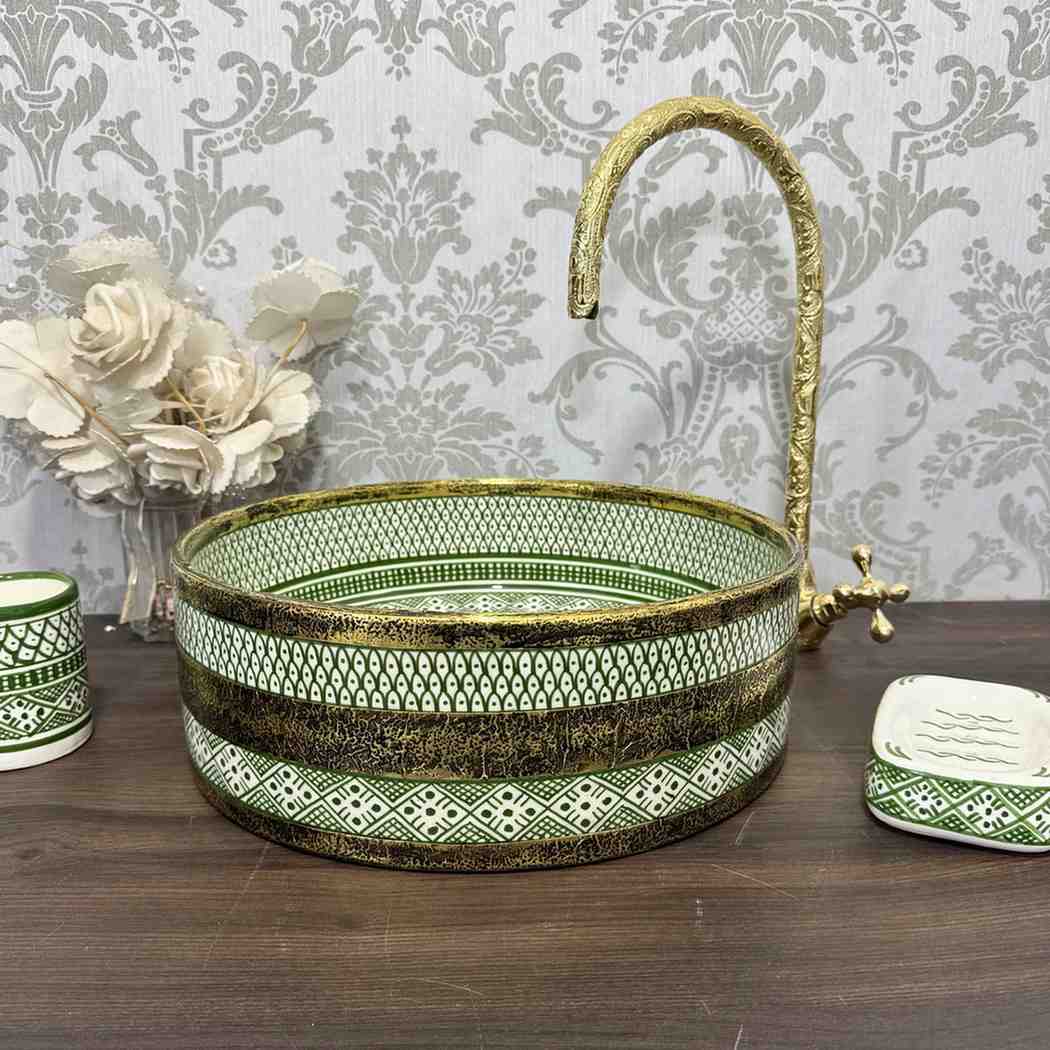 Antique Wash Basin, Moroccan Vessel Sink with Brass Rim