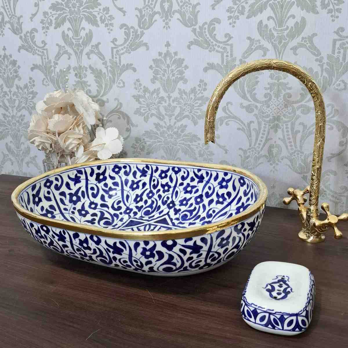 Blue Floral Moroccan Oval sink with brass rim