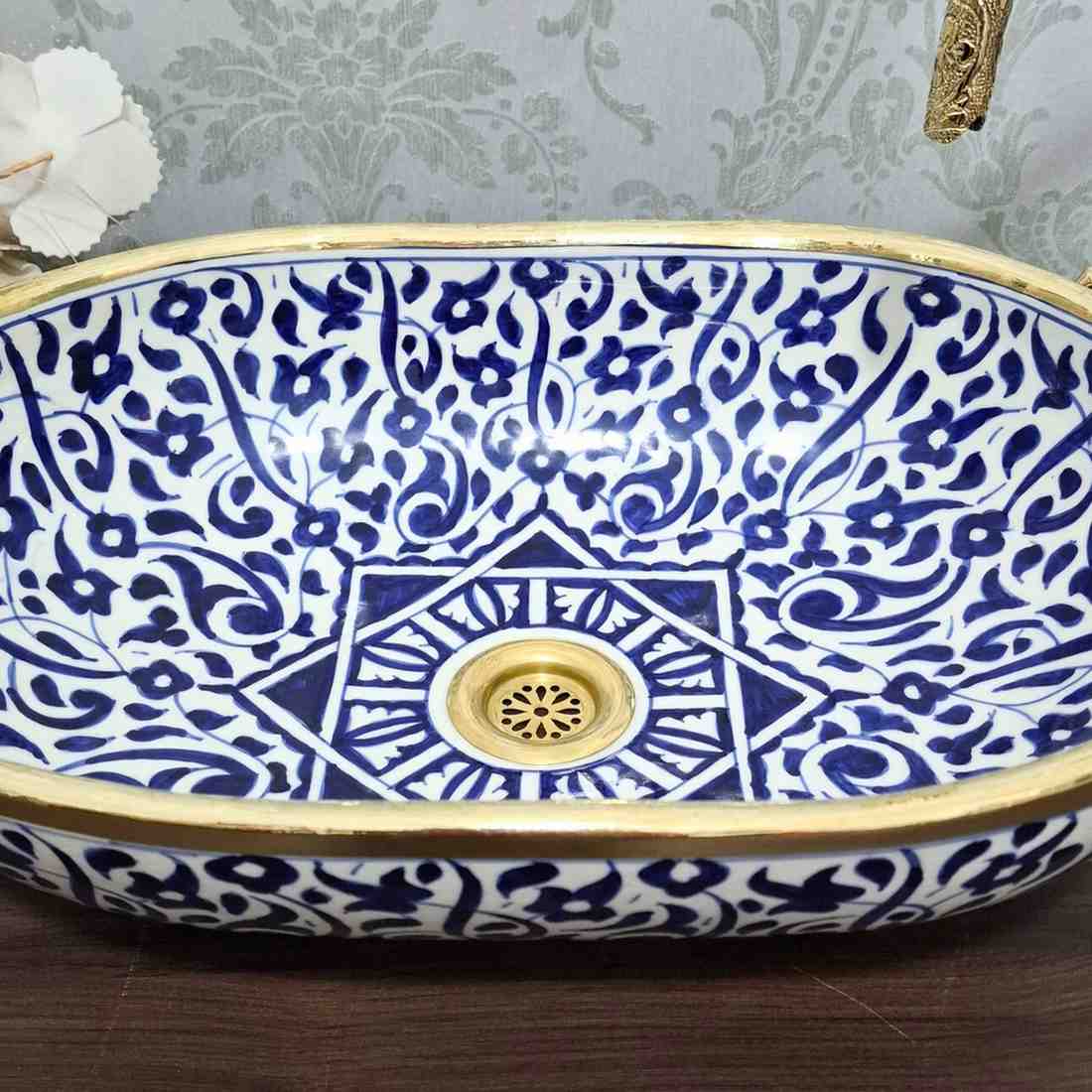 Blue Floral Moroccan Oval sink with brass rim