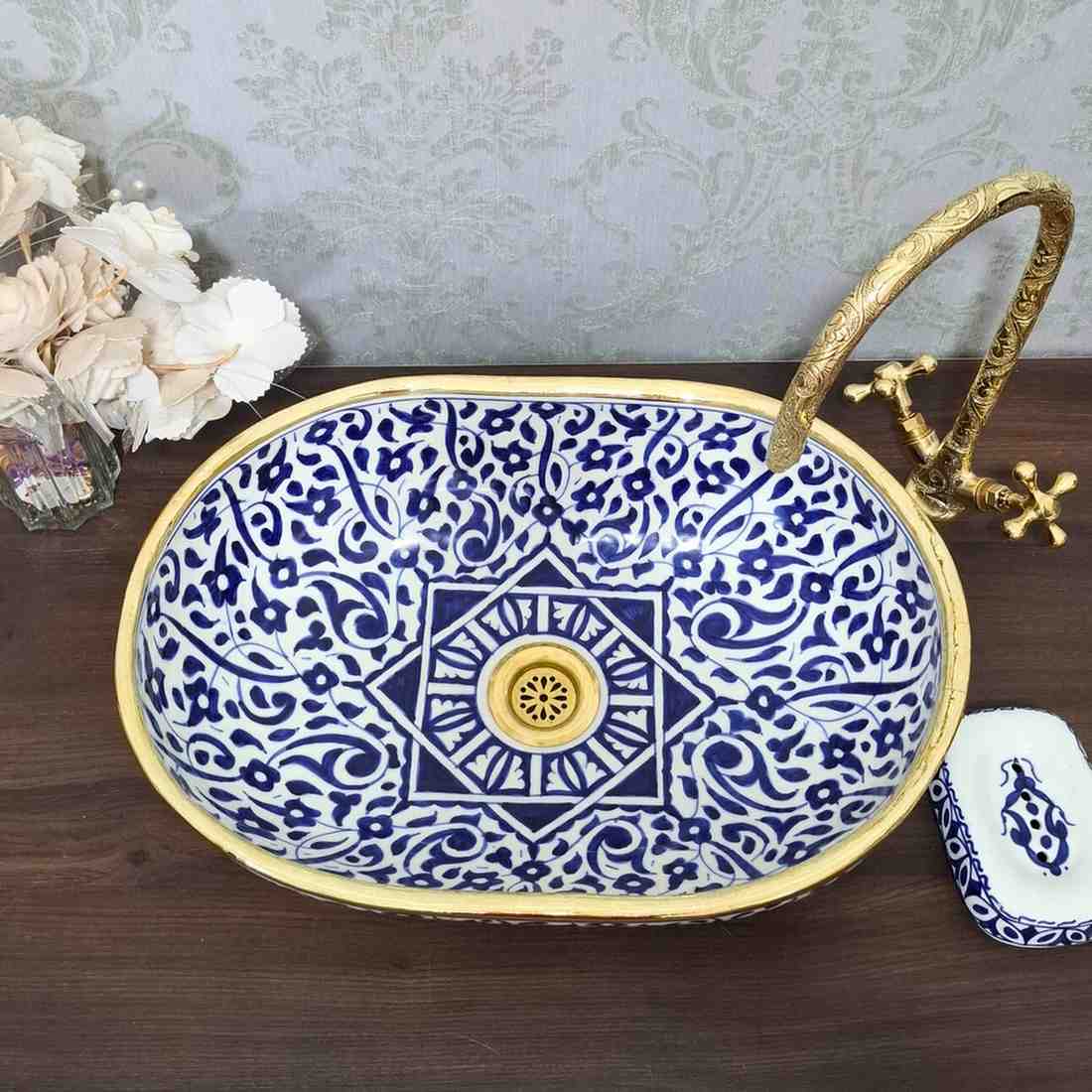 Blue Floral Moroccan Oval sink with brass rim