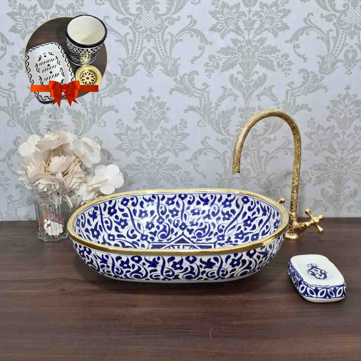 Blue Floral Moroccan Oval sink with brass rim