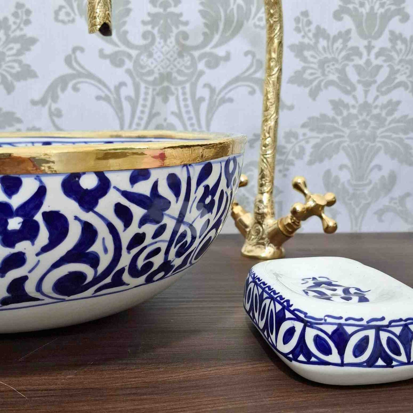 Blue Floral Moroccan Oval sink with brass rim
