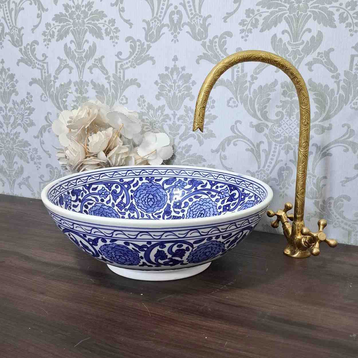 Blue Moroccan Sink – Hand-Painted Floral Ceramic Sink Bowl