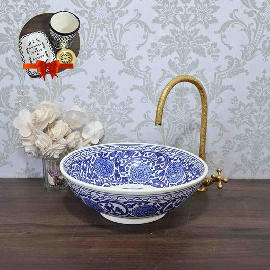 Blue Moroccan Sink – Hand-Painted Floral Ceramic Sink Bowl