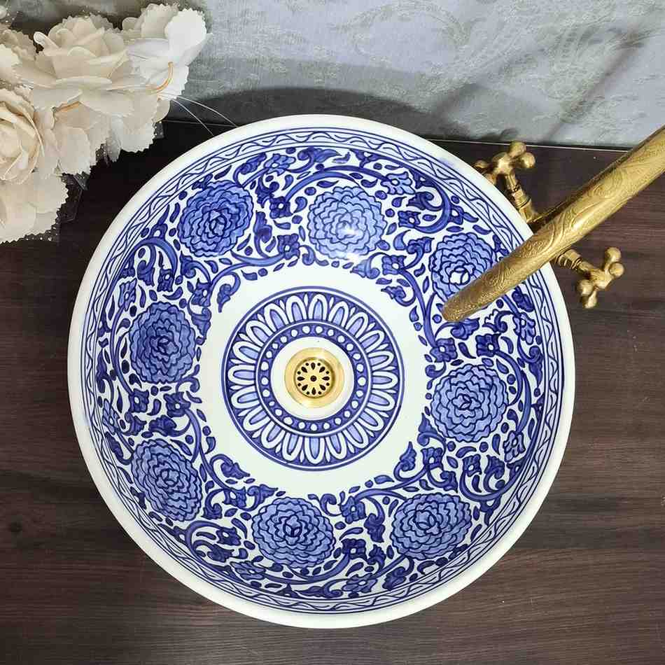 Blue Moroccan Sink – Hand-Painted Floral Ceramic Sink Bowl