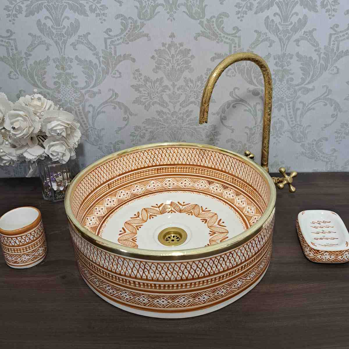 Vasque marocain à motif floral bleu avec rebord en laiton - lavabo à poser pour salle de bain 