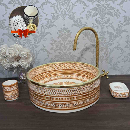 Vasque marocain à motif floral bleu avec rebord en laiton - lavabo à poser pour salle de bain 