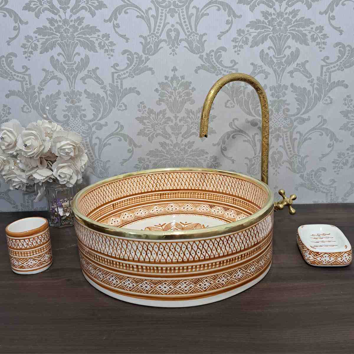 Vasque marocain à motif floral bleu avec rebord en laiton - lavabo à poser pour salle de bain 