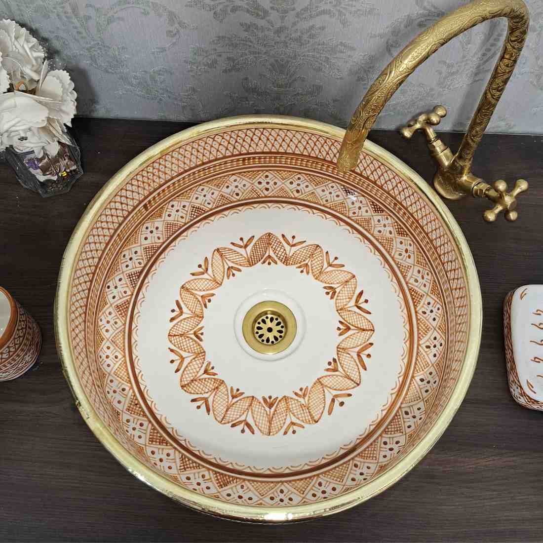 Vasque marocain à motif floral bleu avec rebord en laiton - lavabo à poser pour salle de bain 