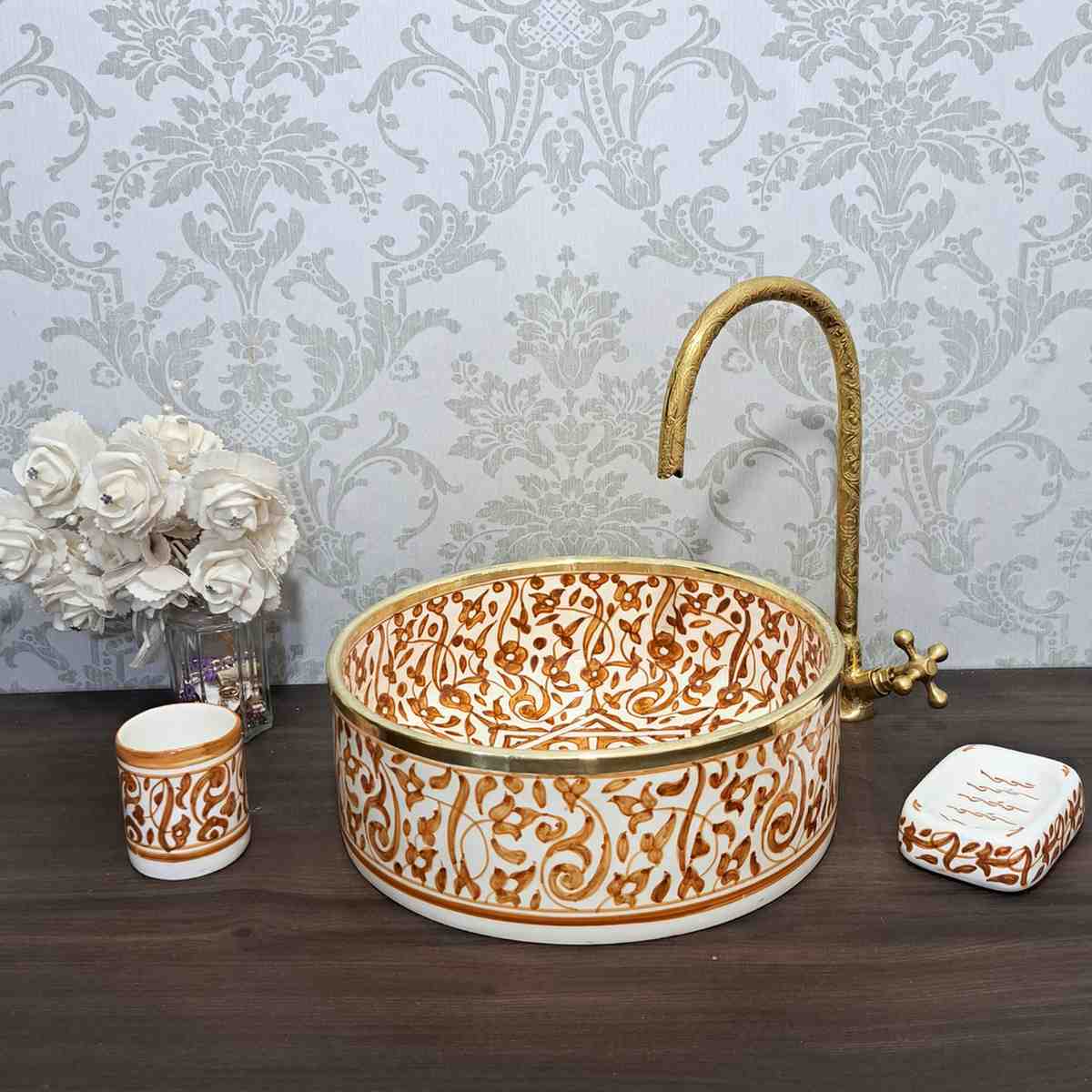 Floral Moroccan sink bowl with brass rim -countertop sink bathroom