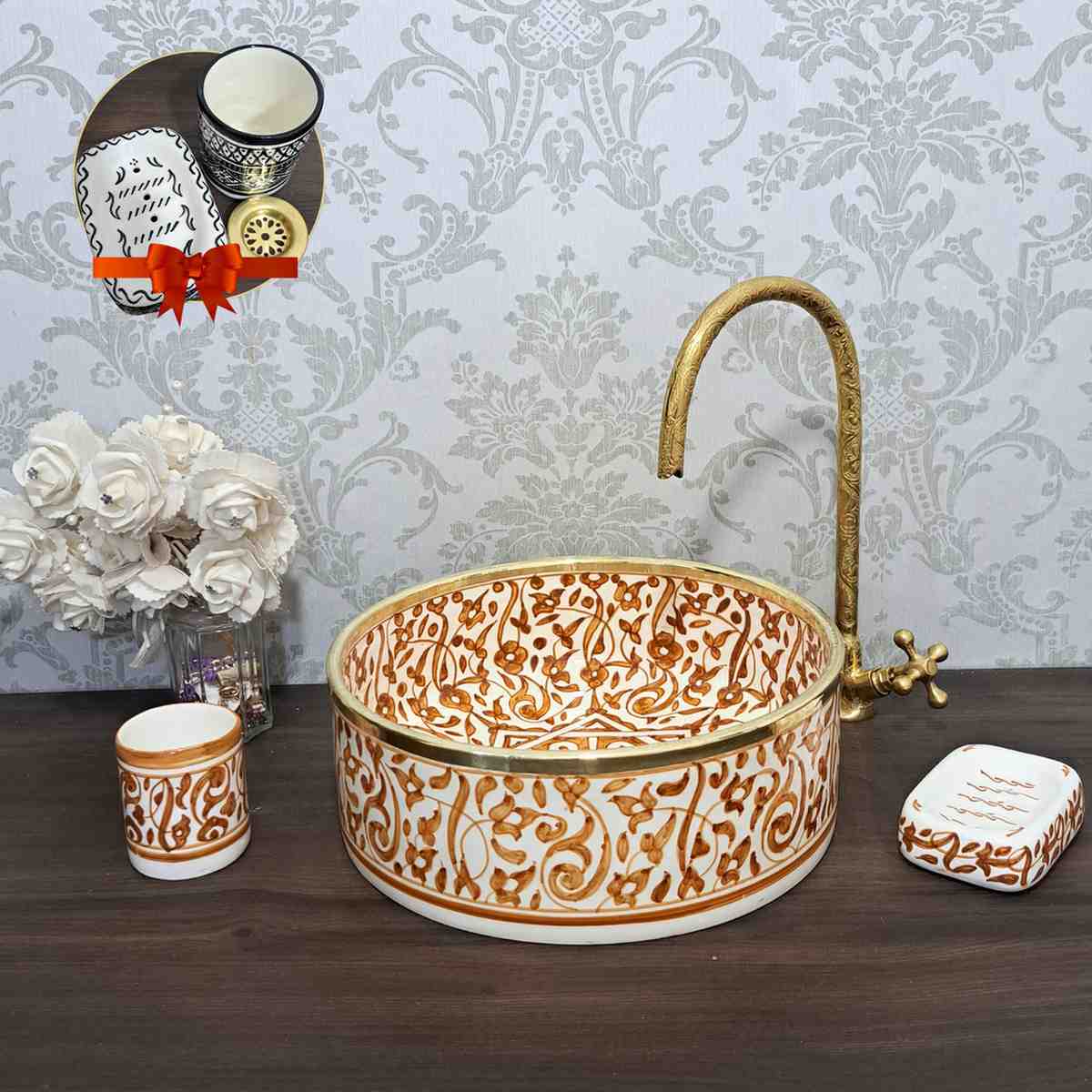 Floral Moroccan sink bowl with brass rim -countertop sink bathroom