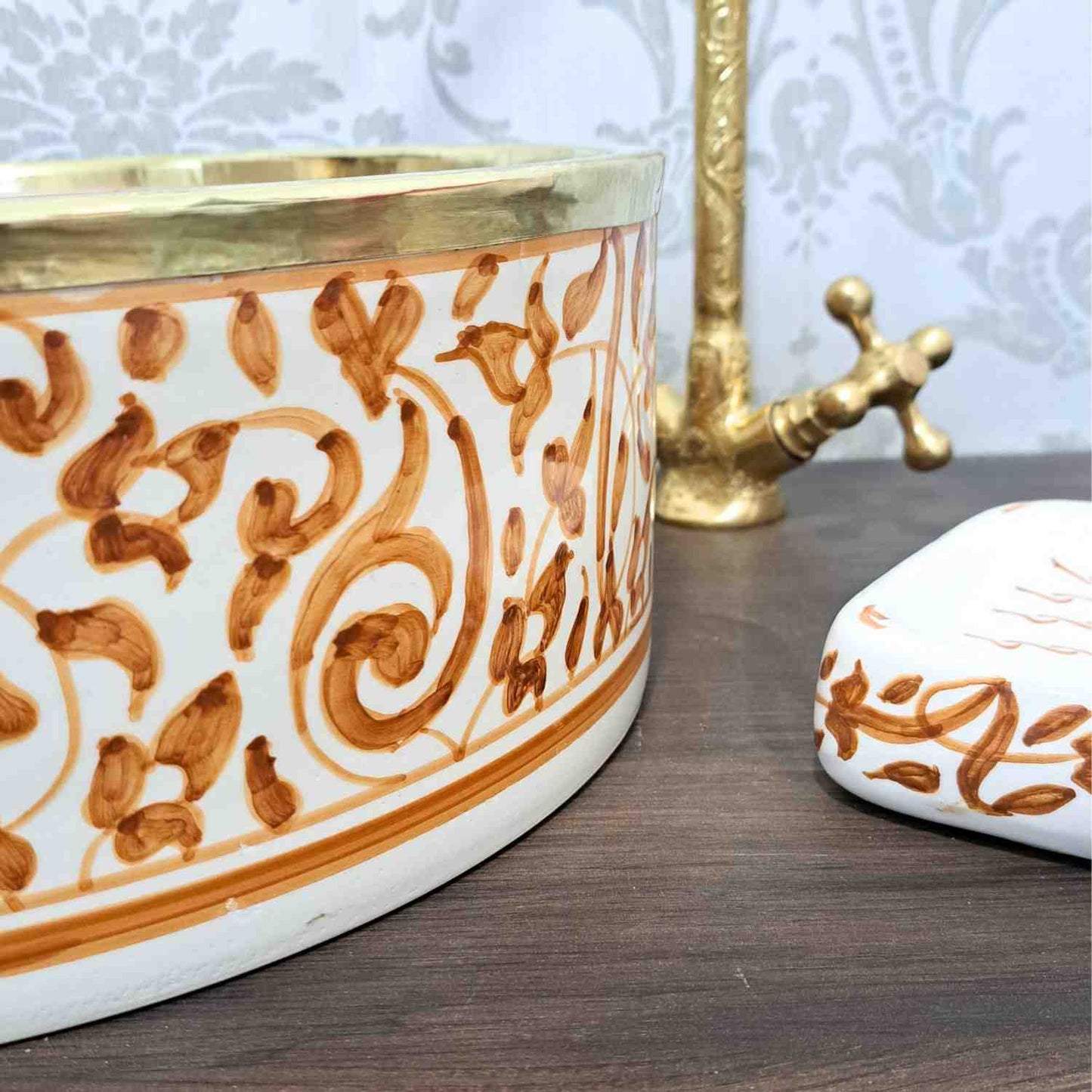 Floral Moroccan sink bowl with brass rim -countertop sink bathroom