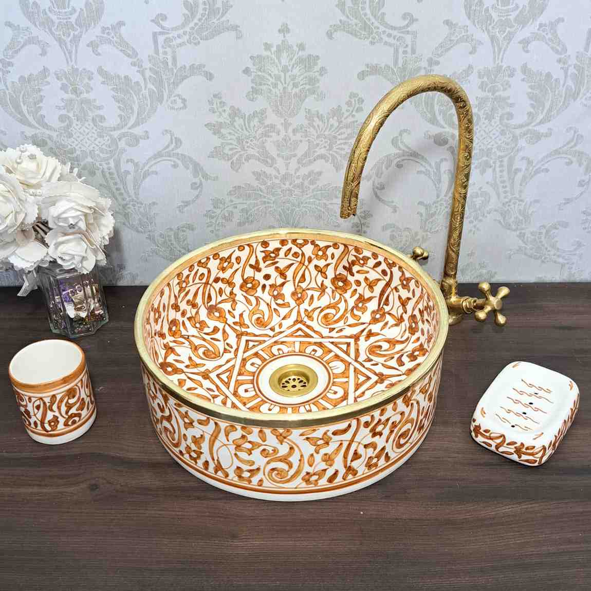 Floral Moroccan sink bowl with brass rim -countertop sink bathroom
