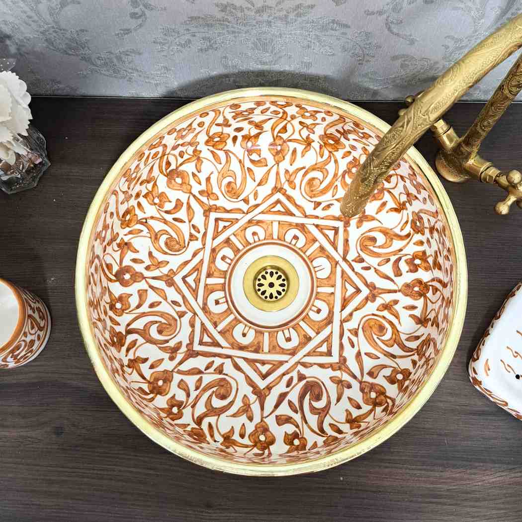 Floral Moroccan sink bowl with brass rim -countertop sink bathroom