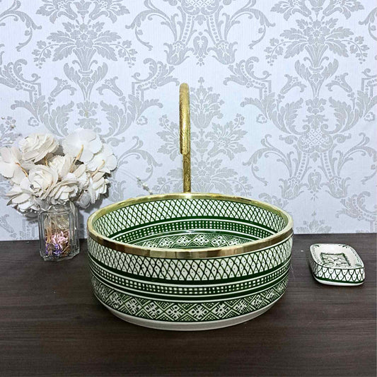 Vasque marocain à motif floral bleu avec rebord en laiton - lavabo à poser pour salle de bain 