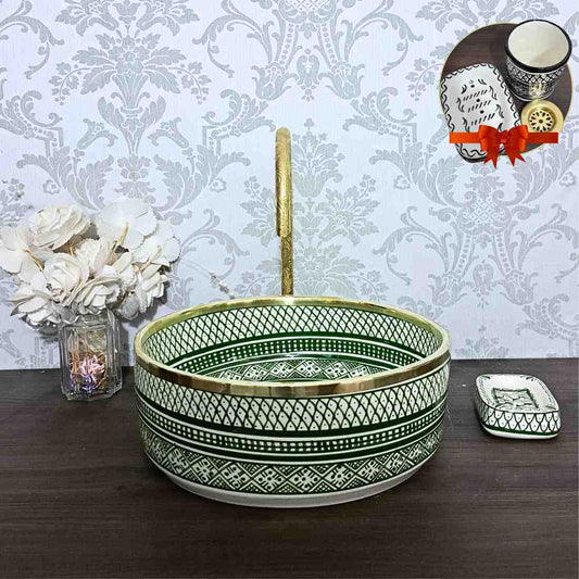 Vasque marocain à motif floral bleu avec rebord en laiton - lavabo à poser pour salle de bain 
