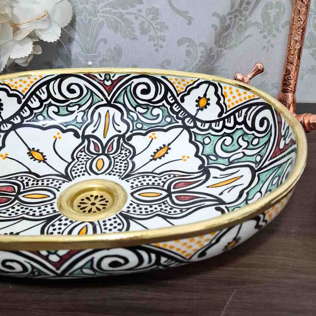 Hand-Painted Moroccan Oval sink with brass rim