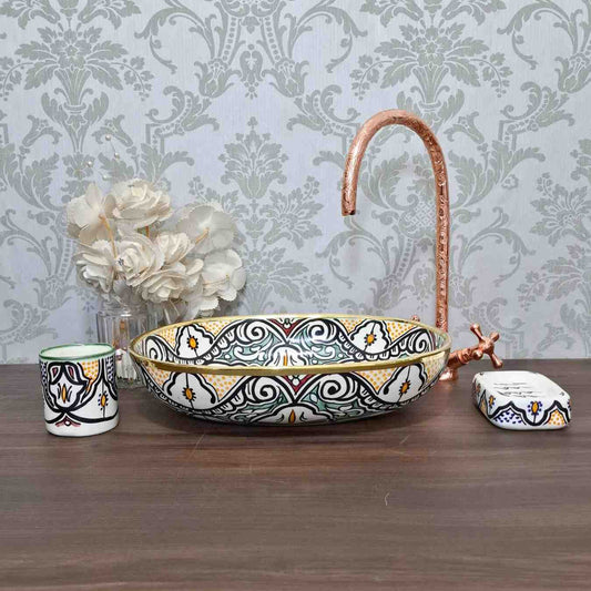 Hand-Painted Moroccan Oval sink with brass rim