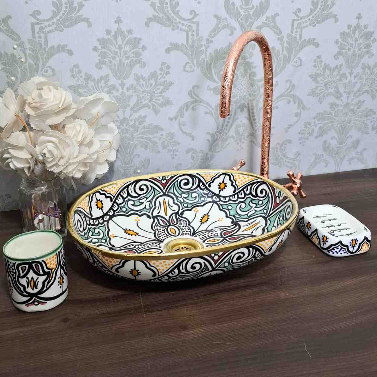 Hand-Painted Moroccan Oval sink with brass rim