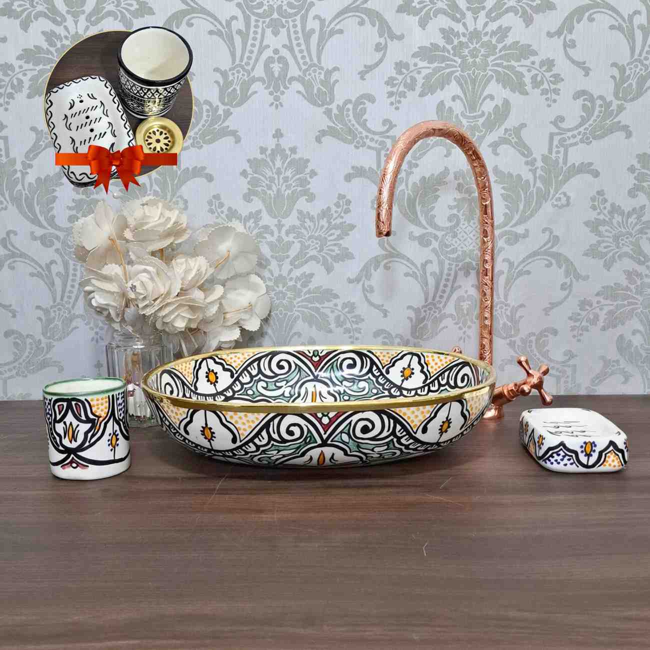 Hand-Painted Moroccan Oval sink with brass rim