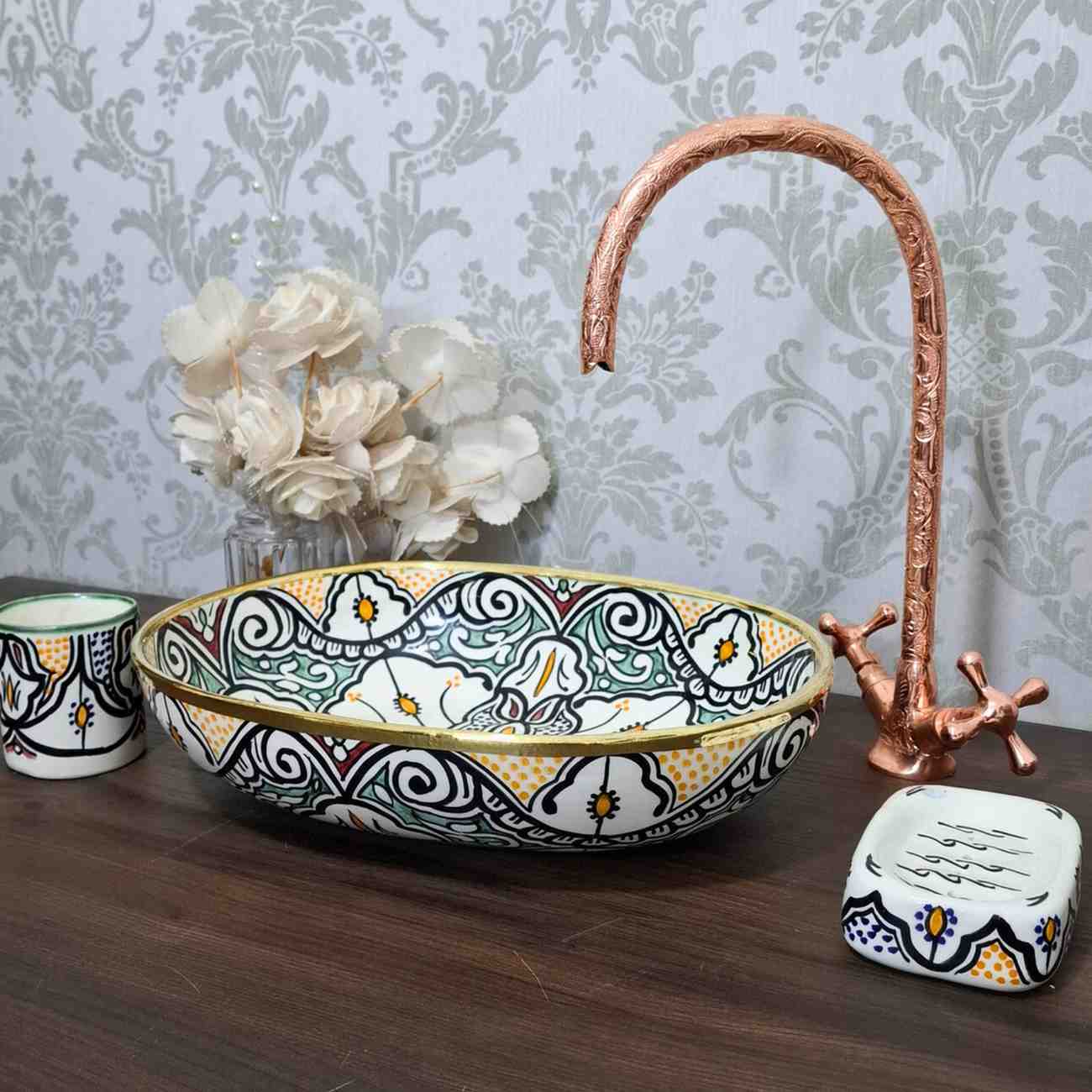 Hand-Painted Moroccan Oval sink with brass rim