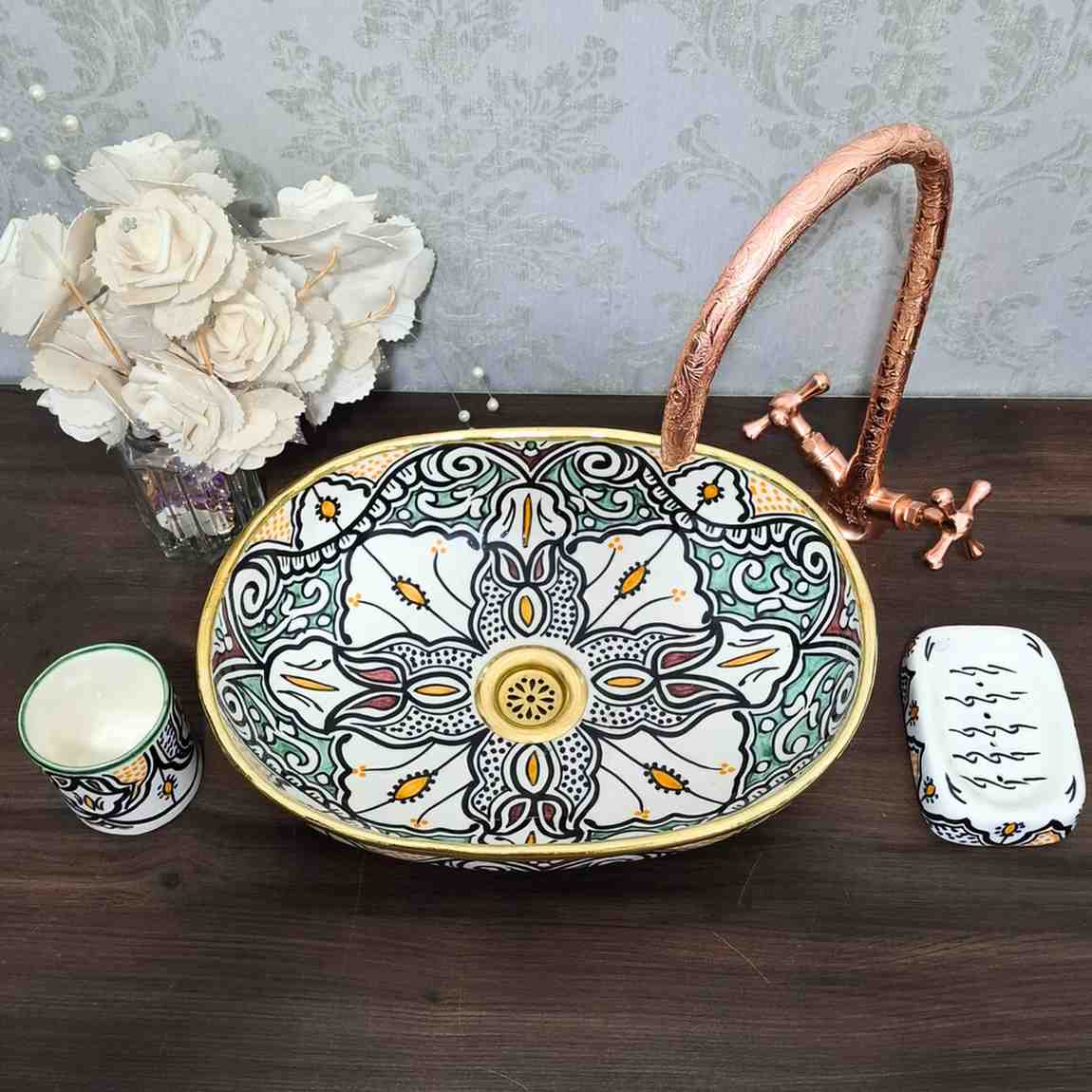 Hand-Painted Moroccan Oval sink with brass rim