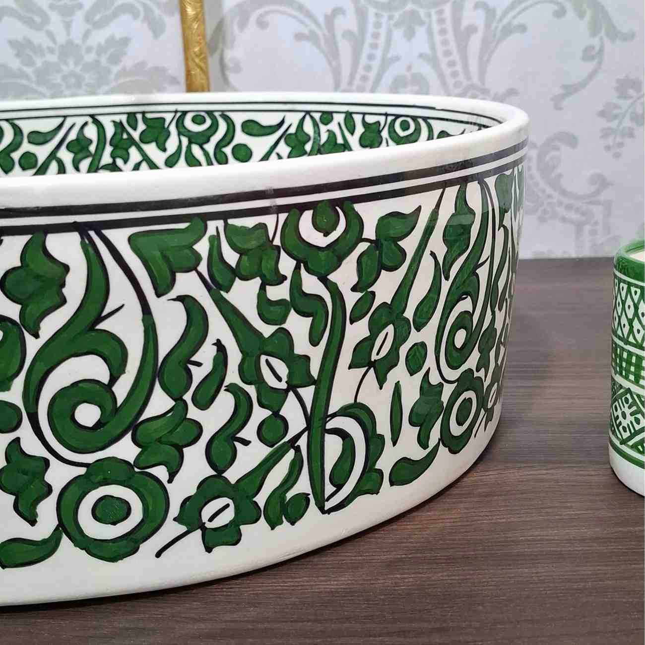 Handcrafted Moroccan Green Sink Bowl with Floral Pattern