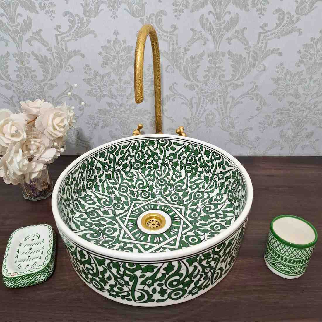 Handcrafted Moroccan Green Sink Bowl with Floral Pattern
