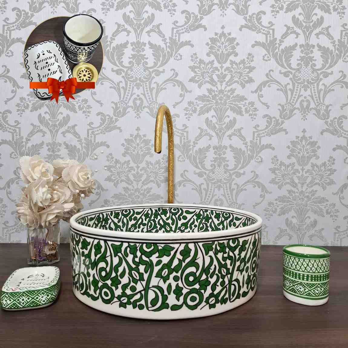 Handcrafted Moroccan Green Sink Bowl with Floral Pattern