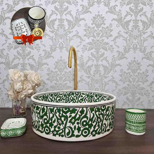 Handcrafted Moroccan Green Sink Bowl with Floral Pattern