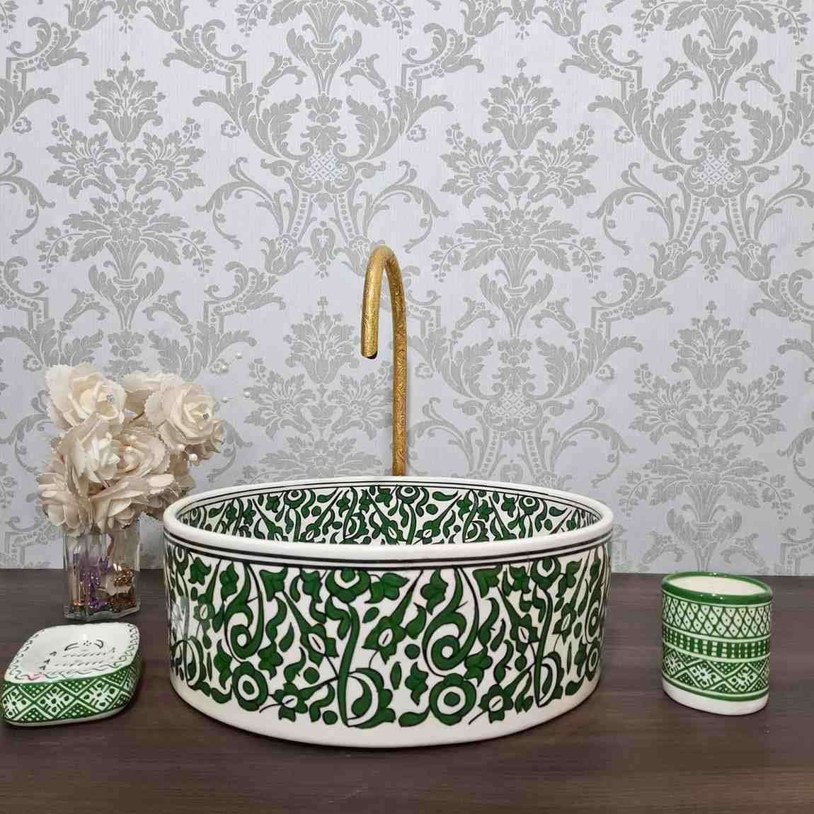 Handcrafted Moroccan Green Sink Bowl with Floral Pattern