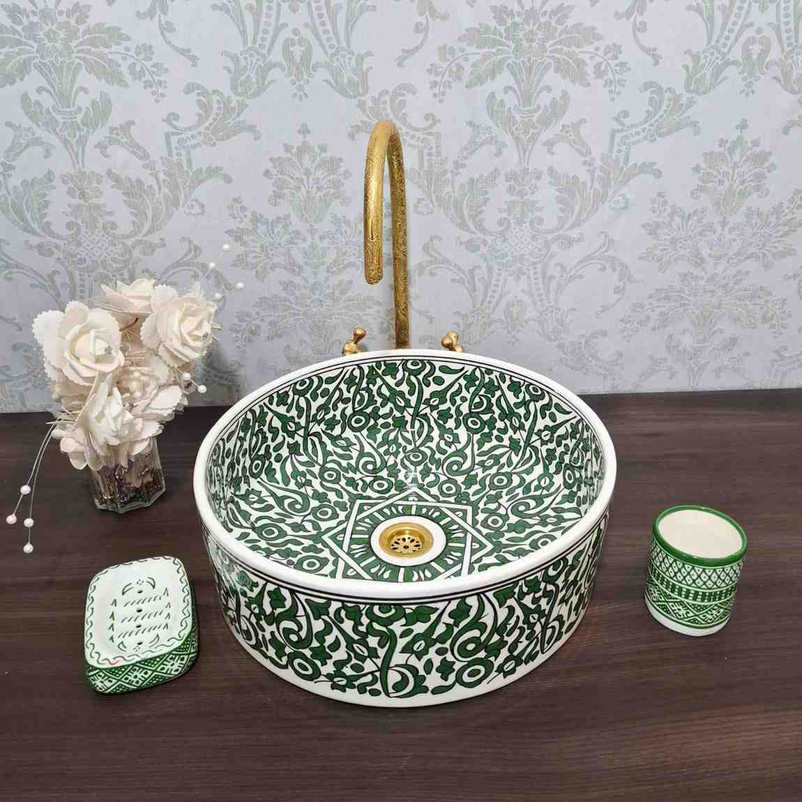 Handcrafted Moroccan Green Sink Bowl with Floral Pattern