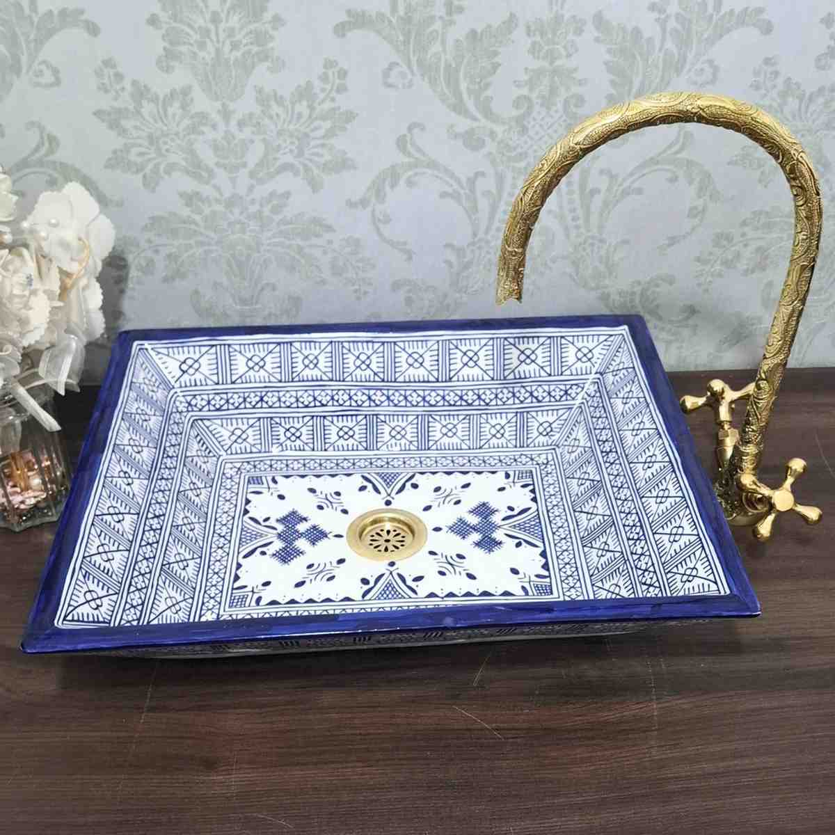 Handcrafted Rectangular Blue Moroccan Basin