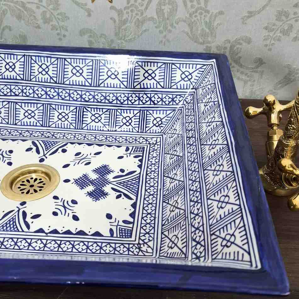 Handcrafted Rectangular Blue Moroccan Basin