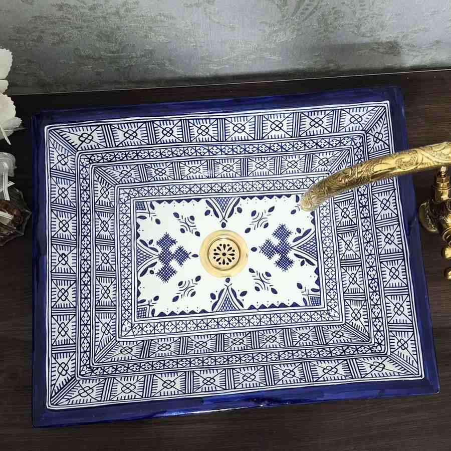 Handcrafted Rectangular Blue Moroccan Basin